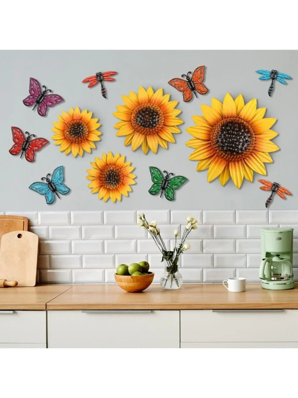 Colorful Metal Sunflower Wall Decor Set - 12 Pcs with Dragonfly & Butterfly Art